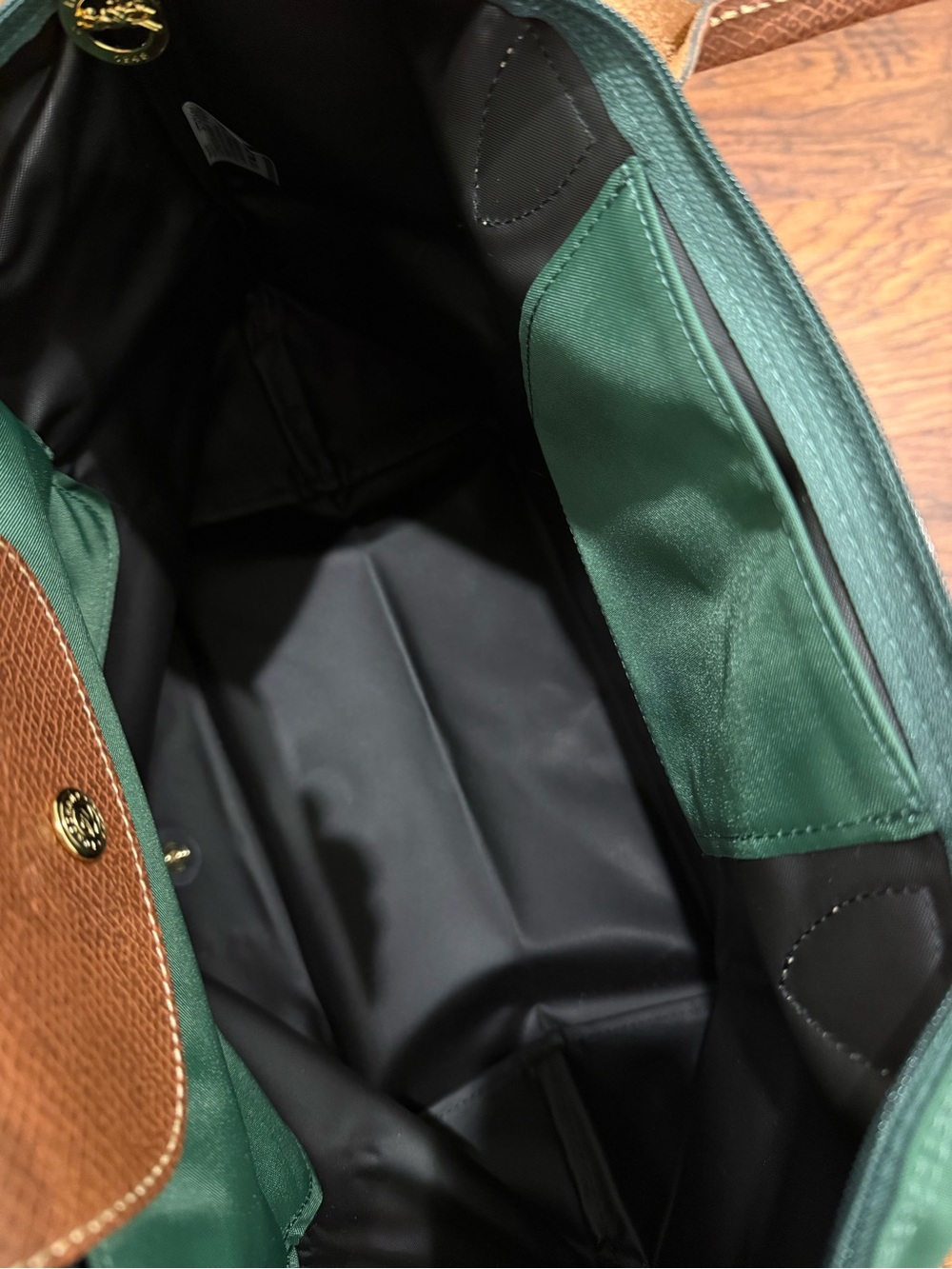 Longchamp Le Pliage Original M Tote British Green Brown Leather - Picture 10 of 15